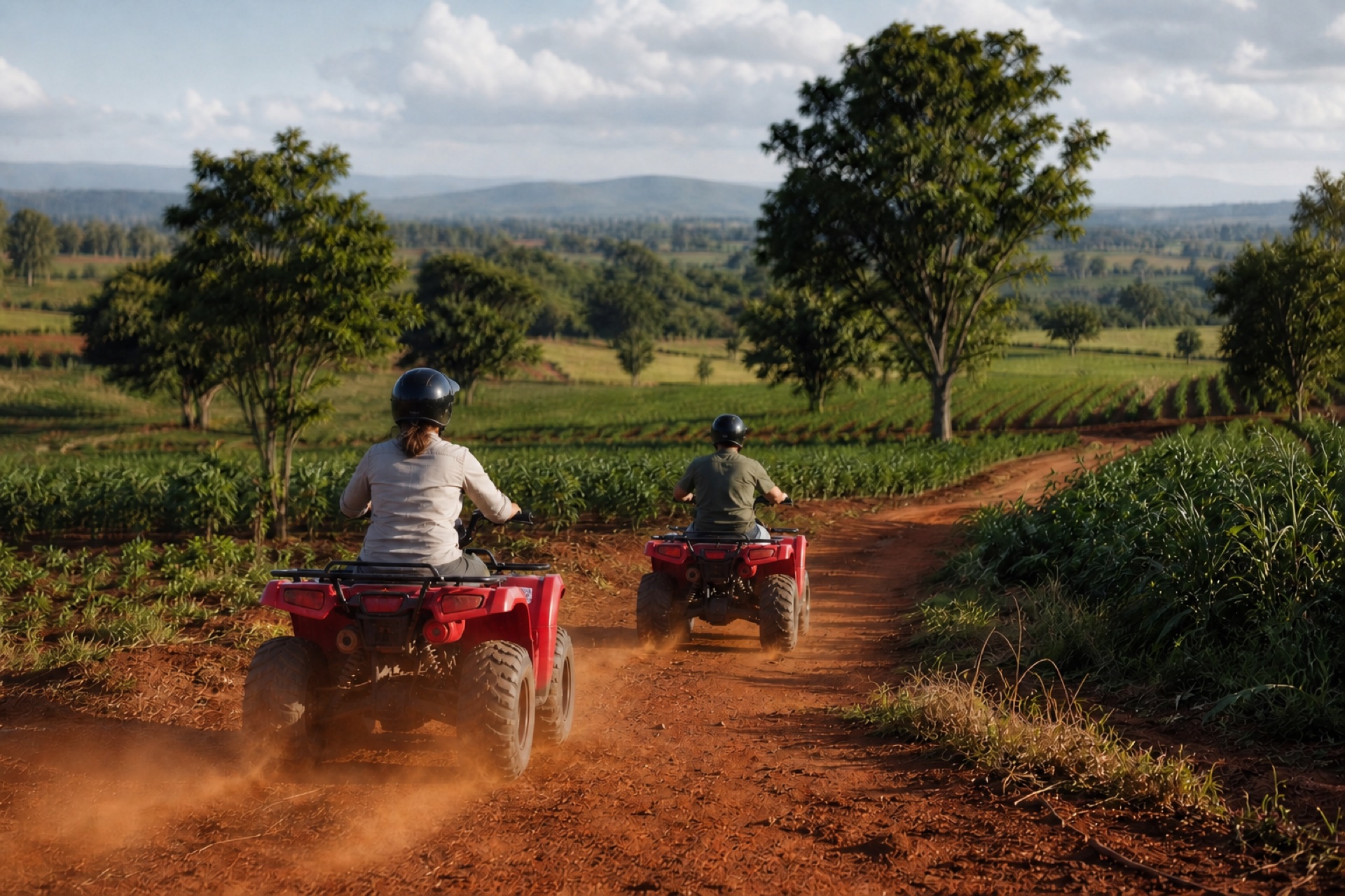 Quad bikes following an estate trail across the Chalo farm